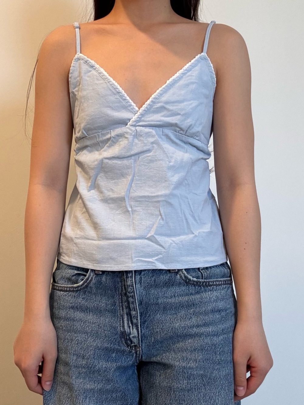 Brandy Melville Light Blue V-Neck Spaghetti Strap Tank Top Blouse Tie Back